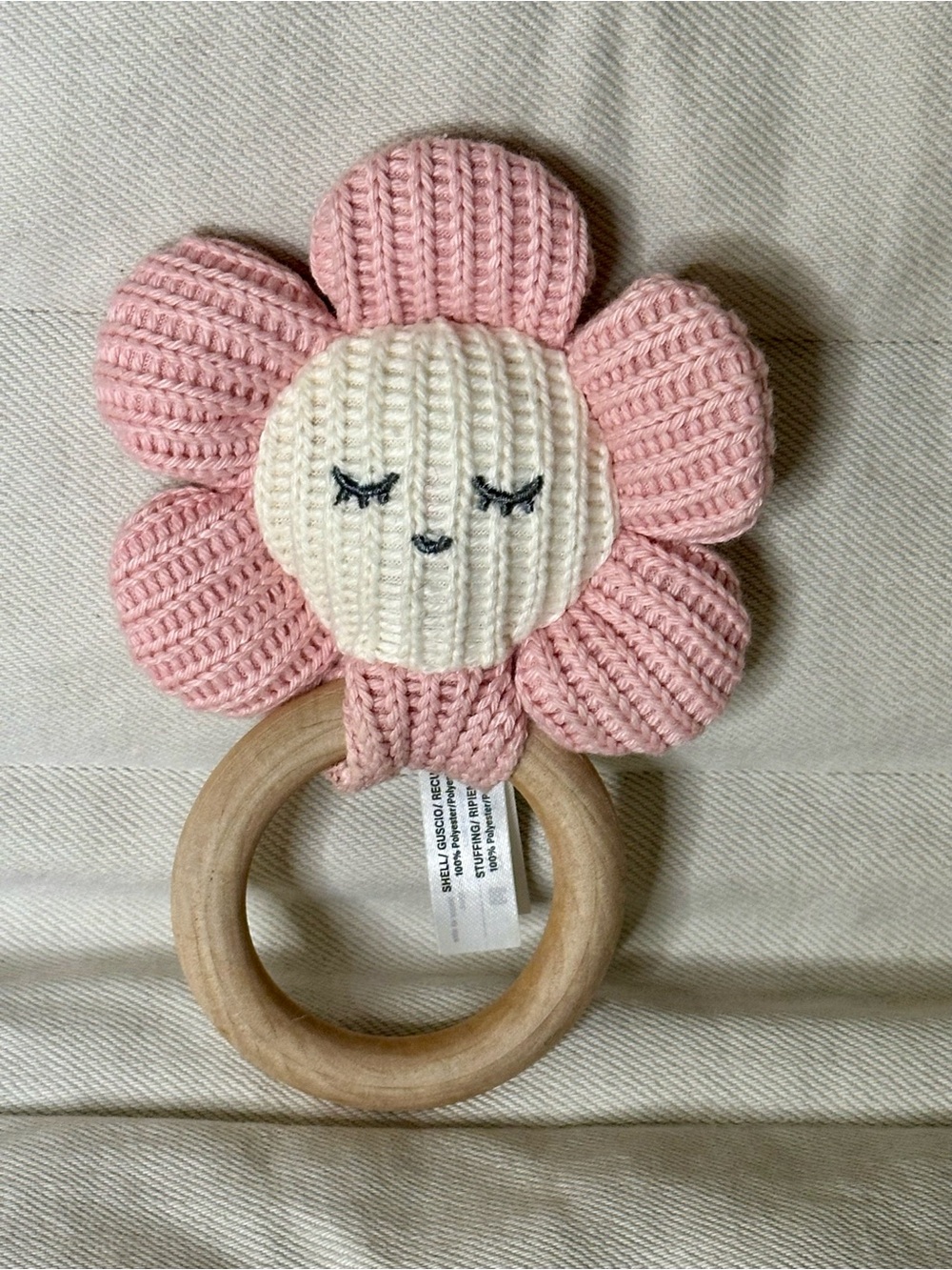 Knitted Flower Teether Rattle - Pink & Cream